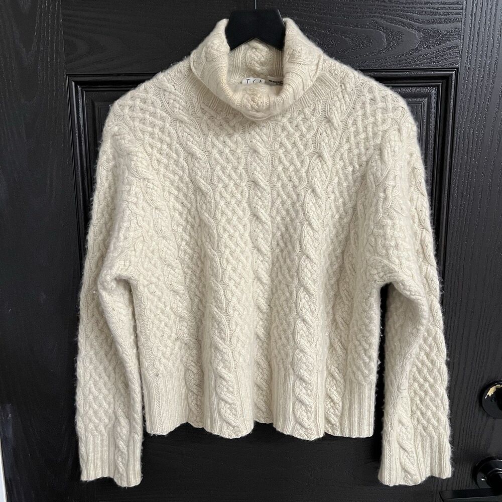 TSE Cashmere Womens Cropped Cableknit Turtleneck Sweater Size M Cream